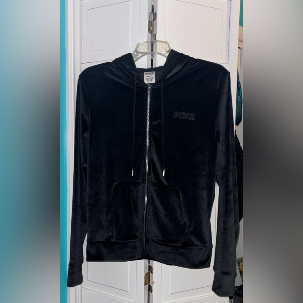 VS PINK women’s black velour full zip hoodie, size small